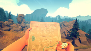 Afbeelding uit het spel Firewatch met een kaart en kompas. (Afbeeldingsbron: Steam)