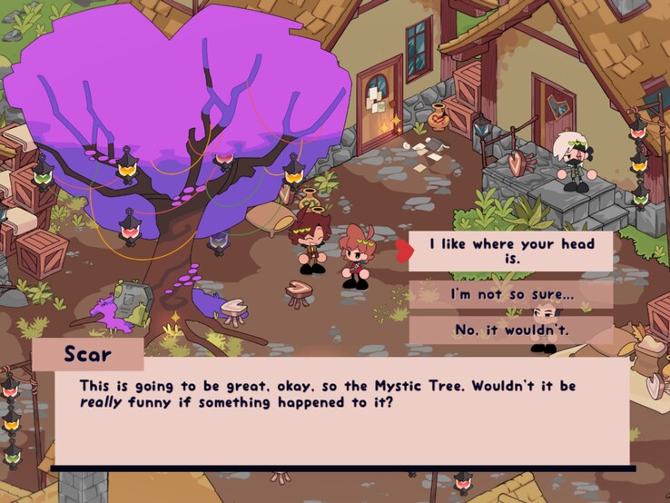 De gameplay bestaat voornamelijk uit het verkennen van het eiland als Grian, het praten met personages en het zoeken naar geheimen. (Afgebeeld: een screenshot uit Heartfall: A Tale in Three Lives.)