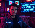 AI-gegenereerde afbeelding van een man in een neonverlicht cyberpunk-jasje, zittend op een bank in een stijlvolle club. Op een tv achter hem staat: "GENEREER GRATIS AFBEELDINGEN OP UW PC." (Afbeelding Bron: AI Generated)