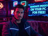 AI-gegenereerde afbeelding van een man in een neonverlicht cyberpunk-jasje, zittend op een bank in een stijlvolle club. Op een tv achter hem staat: "GENEREER GRATIS AFBEELDINGEN OP UW PC." (Afbeelding Bron: AI Generated)