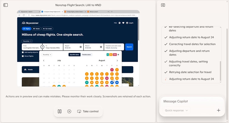 De AI die de Copilot-modus voor Edge aanstuurt, heeft nog werk nodig omdat deze tijdens een korte test niet in staat was om een datumbereik te selecteren tijdens het zoeken naar beschikbare vluchten. (Afbeeldingsbron: Notebookcheck)