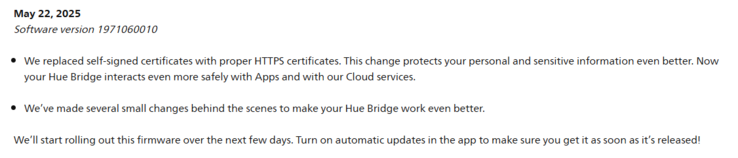 De release notes voor Philips Hue Bridge software versie 1971060010. (Afbeeldingsbron: Philips)