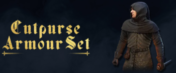 De Cutpurse Armour Set bestaat uit mouwen, wambuis, handschoenen, kap, slang en schoenen. Afbeelding Bron : Warhorse Studios)
