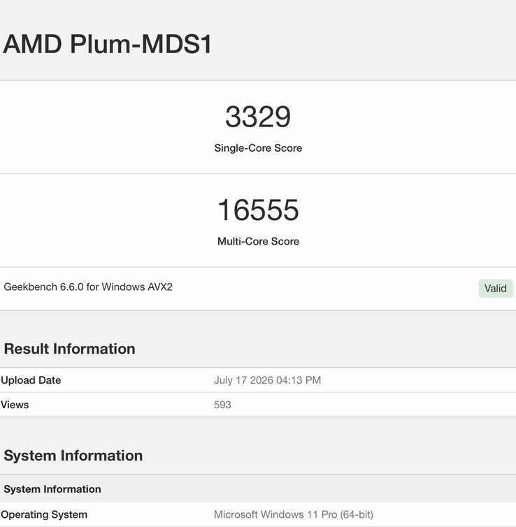 De afbeelding toont de Geekbench 6-vermelding van het uitgelekte Zen 6-ontwikkelingsmodel.