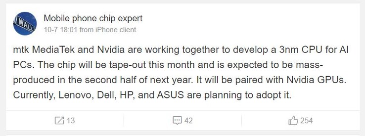 De Weibo-gebruiker beweert dat Nvidia en MediaTek binnenkort het feest van de desktopprocessor zullen verpesten. (Afbeeldingsbron: Mobile Chip Expert via Weibo)