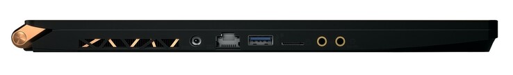 Linkerkant: stroomaansluiting, RJ45 LAN, USB Type-A 3.1 Gen 2, microSD, microfoon, koptelefoon