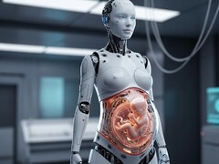 Een robot die een menselijke foetus draagt in een kunstmatige baarmoeder (Afbeeldingsbron: AI-gegenereerde illustratieve afbeelding)