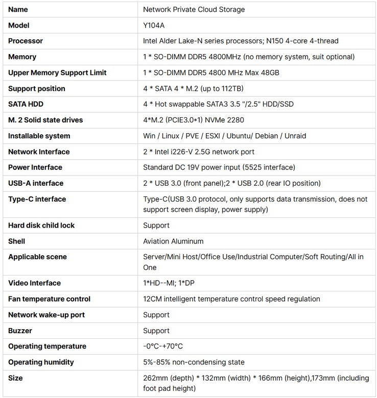 Volledige specificaties van MaiYunda Y104A NAS (Afbeelding bron: Alibaba)
