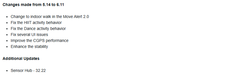 De wijzigingslog voor stabiele update versie 6.11 voor de Garmin Lily 2 serie. (Afbeelding bron: Garmin)