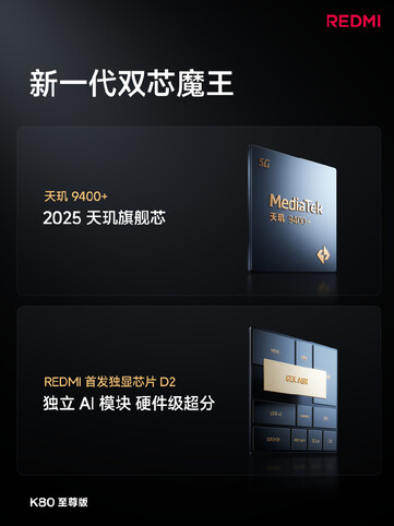 De Redmi K80 wordt aangedreven door de Dimensity 9400+ en heeft een speciale displaychip genaamd de D2. (Afbeeldingsbron: Redmi)