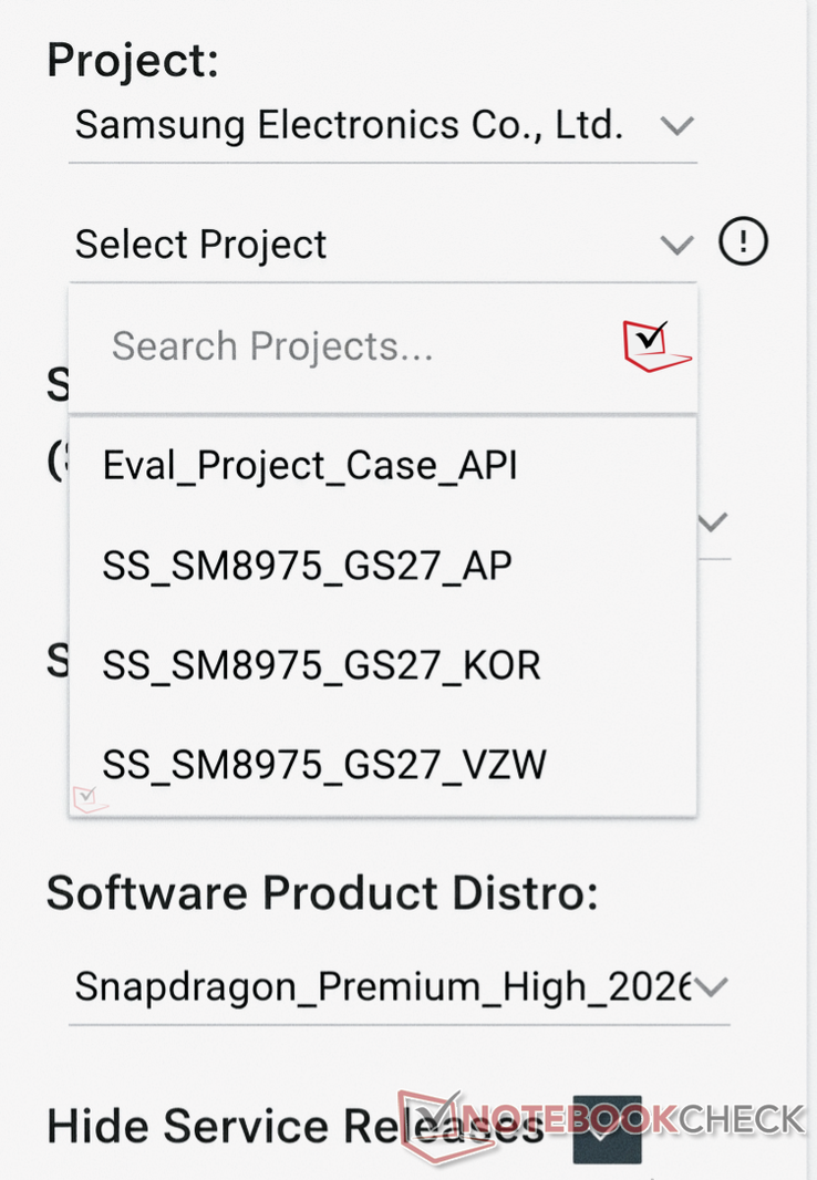 De Samsung-projectlijst met de regio’s waar de SM8975 momenteel wordt getest