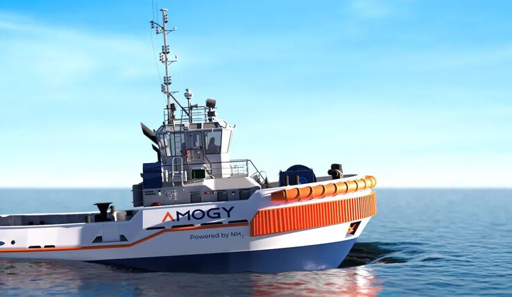 Rendering toont Amogy's ontwerp van een sleepboot op ammoniak