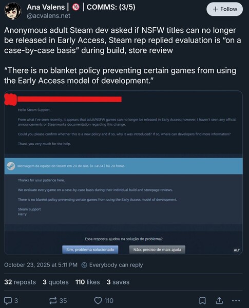 Steam-antwoord op vroegtijdige toegangsverzoek voor volwassen spellen (screenshot, Ana Valens Bluesky-account)