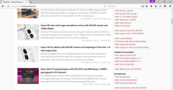Browsen op Notebookcheck.net via Firefox 48 op Windows 10 (Afbeeldingsbron: Screen grab)