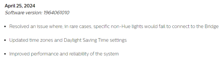 De release notes voor softwareversie 1964061010 voor de Philips Hue Bridge. (Afbeeldingsbron: Philips Hue)