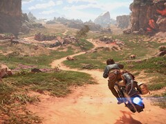 Een afbeelding van Kay Vess op haar speeder in Star Wars Outlaws.