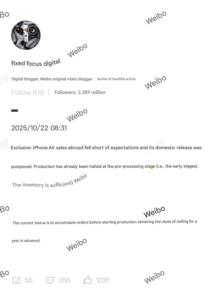 De vraag naar IPhone Air is buiten China achtergebleven bij de verwachtingen. (Afbeeldingsbron: Weibo)