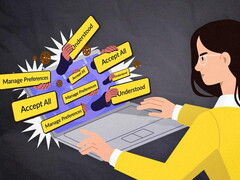 Een vrouw zit voor een laptop waarop talrijke banners op het scherm verschijnen