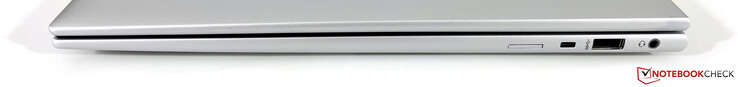 Rechts: Nano-SIM-sleuf (optioneel voor WWAN-modellen), Kensington Nano-beveiligingssleuf, USB-A 3.2 Gen.1 (5 GBit/s, powered), 3,5 mm stereo-installatie