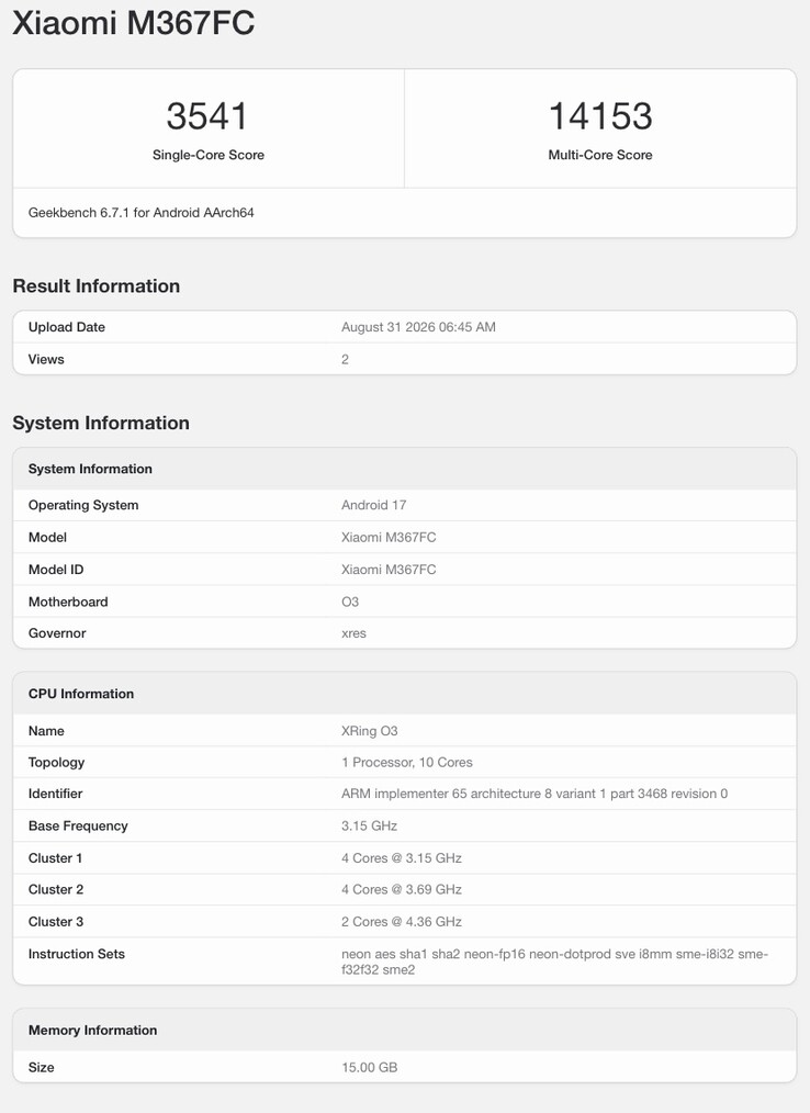 Geekbench-vermelding van de vermeende Xiaomi Pad 9 Pro Max.