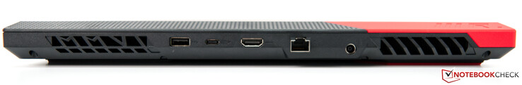 Achterkant: Luchtroosters, 1x USB-A 3.0, USB-C 3.1 met DisplayPort en Power Delivery, HDMI 2.0b, Gigabit LAN, voeding, luchtroosters
