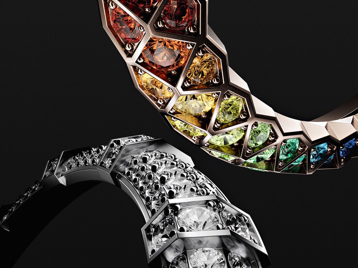 De edelstenen en diamanten van de Loewe Ice Diamond en Noir Rainbow hoofdtelefoons zijn met de hand gezet in de gouden ringen die elke oorschelp sieren. (Afbeelding bron: Loewe)