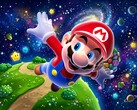 3D Mario vliegend in een decor met Super Mario Galaxy als thema