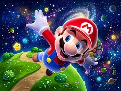 3D Mario vliegend in een decor met Super Mario Galaxy als thema