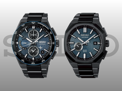 De Seiko Astron SSH187J1 (links) en de SSJ039J1 (rechts), afgebeeld tegen een grijs-zwarte achtergrond met kleurverloop en het logo van Seiko. (Afbeeldingsbron: Seiko - bewerkt)