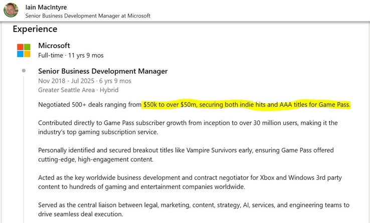 Xbox Game Pass games van derden kosten veel om op de service te zetten. (Afbeeldingsbron: LinkedIn)