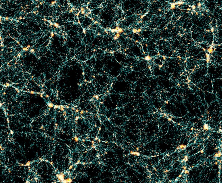 Een computersimulatie van het kosmische web, die een grootschalige structuur van het heelal laat zien met heldere clusters van melkwegstelsels die verbonden zijn door dunne filamenten van donkere materie en gas tegen een donkere achtergrond. (Afbeeldingsbron: Persbericht Euclid Consortium)