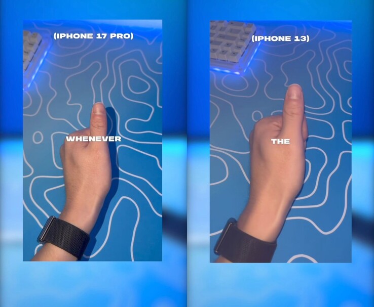 iPhone 17 Pro vs iPhone 13 flitser vergelijking toont schaduw op duim in 17 Pro opname. (Afbeeldingsbron: marcustechnology via Instagram)