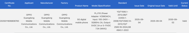 De Oppo Find X9 gecertificeerd. (Afbeeldingsbron: 3C certificering)