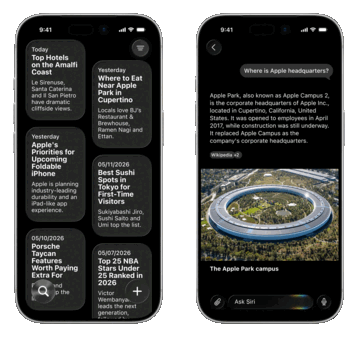 Blijkbaar is Apple van plan om een gloednieuwe Siri-app te lanceren die een lijst met gesprekken (links) en een ChatGPT-achtige chatbot bevat.