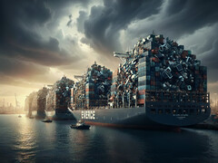 747.000 ton e-waste werd in Duitsland gerecycled voor de winning van waardevolle grondstoffen. Dit komt overeen met de enorme vrachtcapaciteit van zeven van 's werelds grootste containerschepen. (Afbeelding: Google Gemini AI)