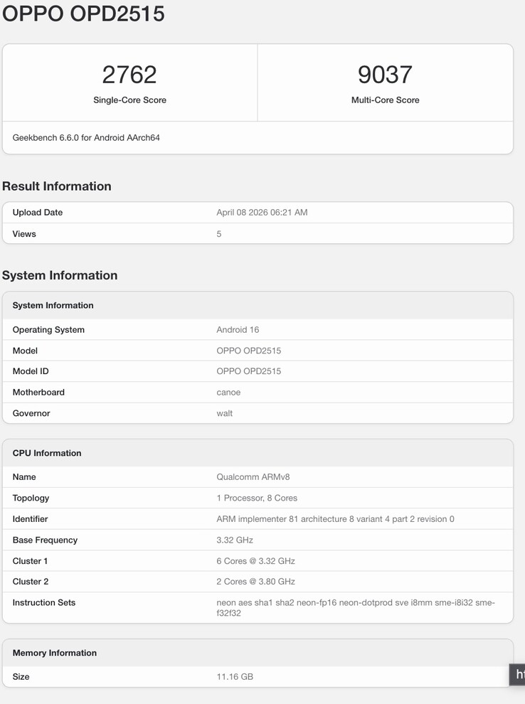 Geekbench-lijst van aankomend Oppo-apparaat.