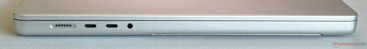 Links: MagSafe, 2x USB-C 4.0 met Thunderbolt 5 (120 Gbps, DisplayPort 2.1, Power Delivery), 3,5 mm stereo-aansluiting