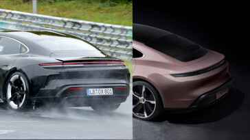 Porsche lijkt extra ventilatieopeningen achter de achterwielen te hebben toegevoegd voor de nieuwe Porsche Taycan (links). (Afbeelding bron: Auto Express / Porsche - bewerkt)