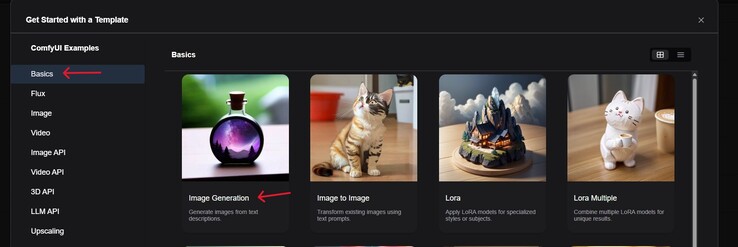Een screenshot van de Workflow hub in ComfyUI met Basics en Image Generation gemarkeerd. (Afbeelding Bron: Windows Screen Capture)