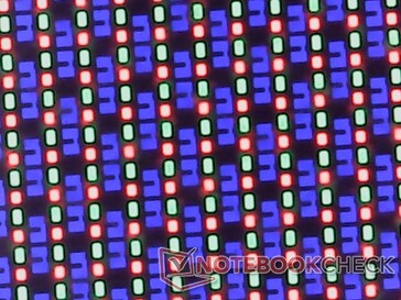 OLED subpixel array. Het OLED-scherm is iets korreliger dan verwacht, mogelijk door de dikkere glaslaag