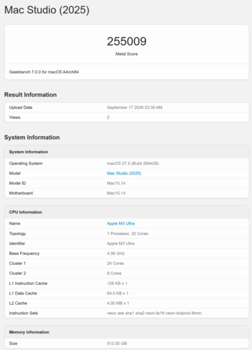 Geekbench-GPU-score van de Apple M3 Ultra