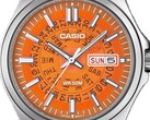 Een close-upfoto van de oranje MTP-E740-4AV met zijn transparante wijzerplaat, waardoor de dag- en wijzerwielen eronder zichtbaar zijn.