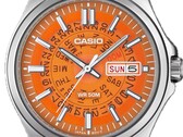 Een close-upfoto van de oranje MTP-E740-4AV met zijn transparante wijzerplaat, waardoor de dag- en wijzerwielen eronder zichtbaar zijn.  
