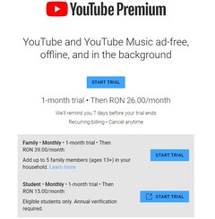 Google YouTube Premium Family blijft in Roemenië steken op ongeveer 8 dollar (Bron: Own)