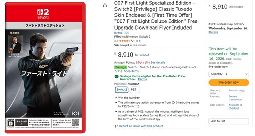 007 First Light Switch 2: releasedatum weergegeven op Amazon Japan