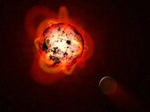 Een artistieke illustratie van een protoplaneet en een maan.