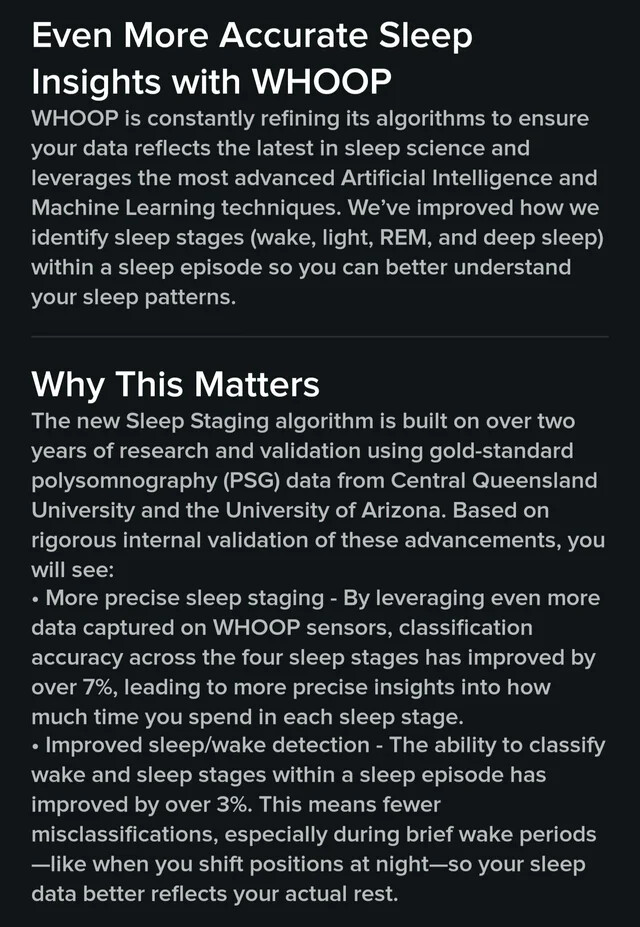 Whoop geeft meer informatie over zijn Sleep Staging Algorithm update op zijn app. (Afbeeldingsbron: U/magony via Reddit)