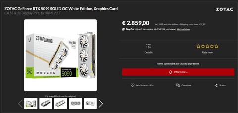 Zotac GeForce RTX 5090 Solid OC White Edition nieuw (Afbeeldingsbron: Alternate)