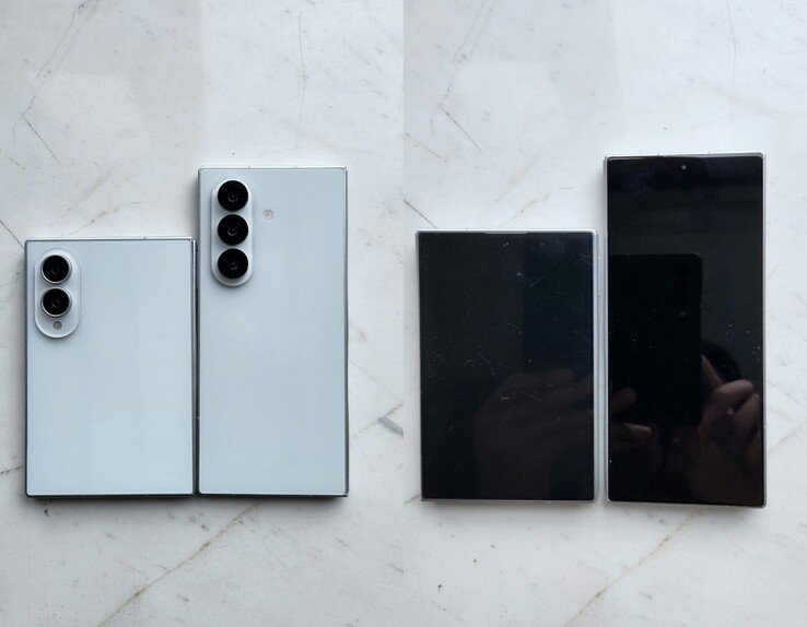 Uitgelekte Galaxy Z Fold 8 (het bredere model) en Fold 8 Ultra designmodellen.