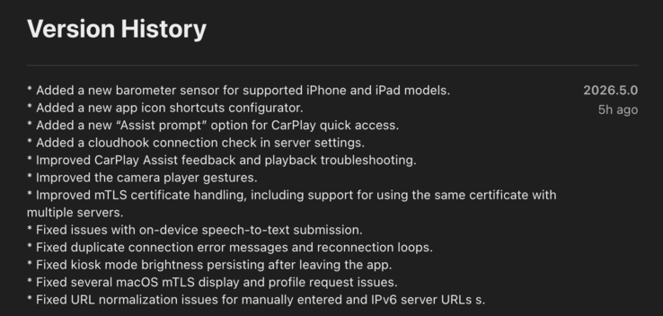 De release notes voor Home Assistant iOS app versie 2026.5